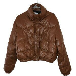 Zara Women's Faux Leather Brown Puffer Bomber Jacket Size Medium